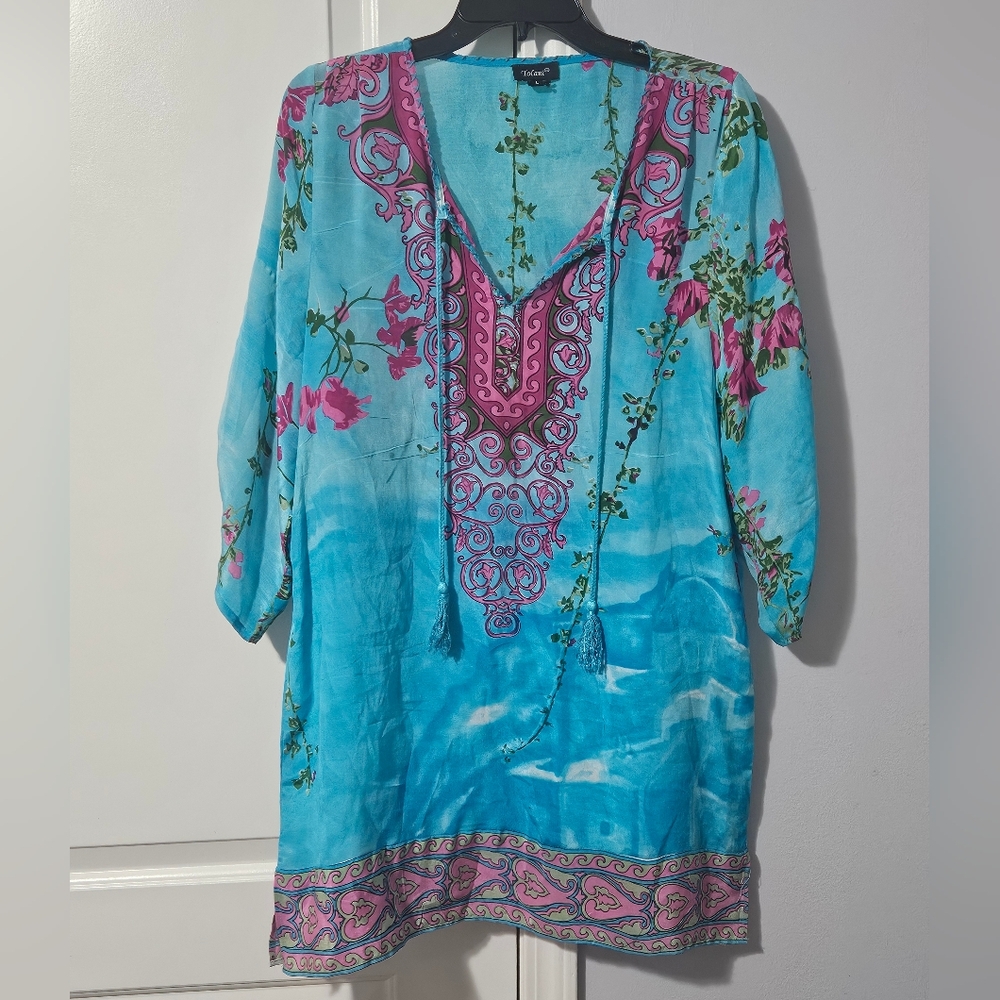 Tolani Silk Zoe dress turquoise floral like new L